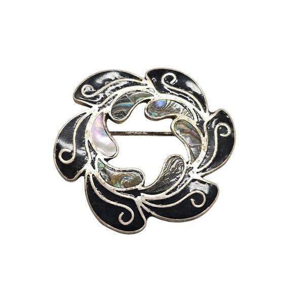 Vintage Brooch Mexico Alpaca Silver Tone Abalone Mother of Pearl - Picture 1 of 4